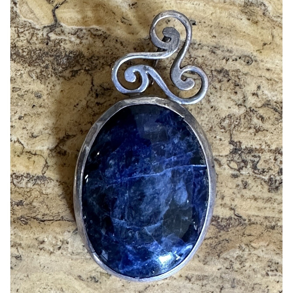 Artisan Pendant 2.25 Inch Sodalite Blue Oval SS Signed 925 Sterling 21.9g READ